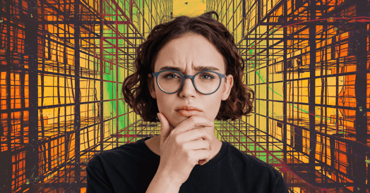 A person wearing glasses looks thoughtful against an abstract, tech-inspired background.
